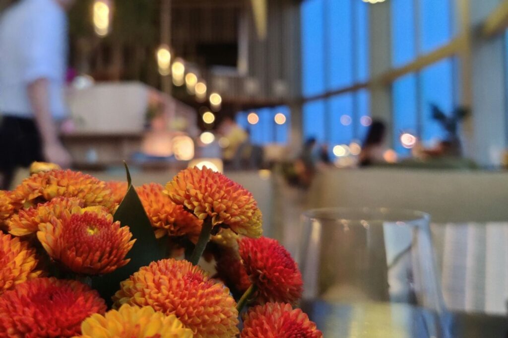 Vibrant orange flowers are in focus amid a blurred background of a cozy dining area, with soft lights and large windows creating a warm ambiance.