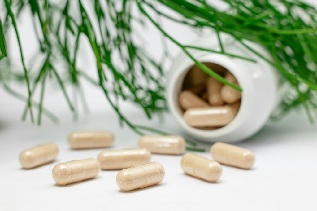 A bottle of dietary supplements and a green plant on a white surface, emphasizing health and wellness.