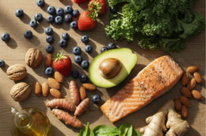 A flat-lay arrangement of various superfoods including fresh produce, fatty fish, nuts, and spices on a wooden background.