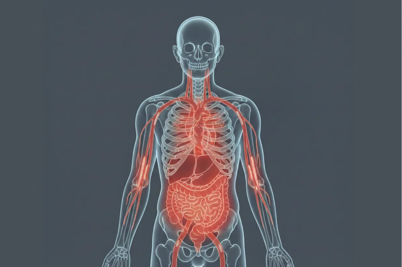A medical 3D rendering of a human silhouette highlighting the cardiovascular and digestive systems in glowing red.