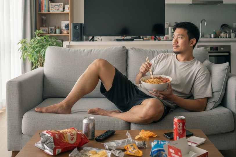 A man reclining on a sofa while eating noodles and surrounded by processed snacks and soda cans.