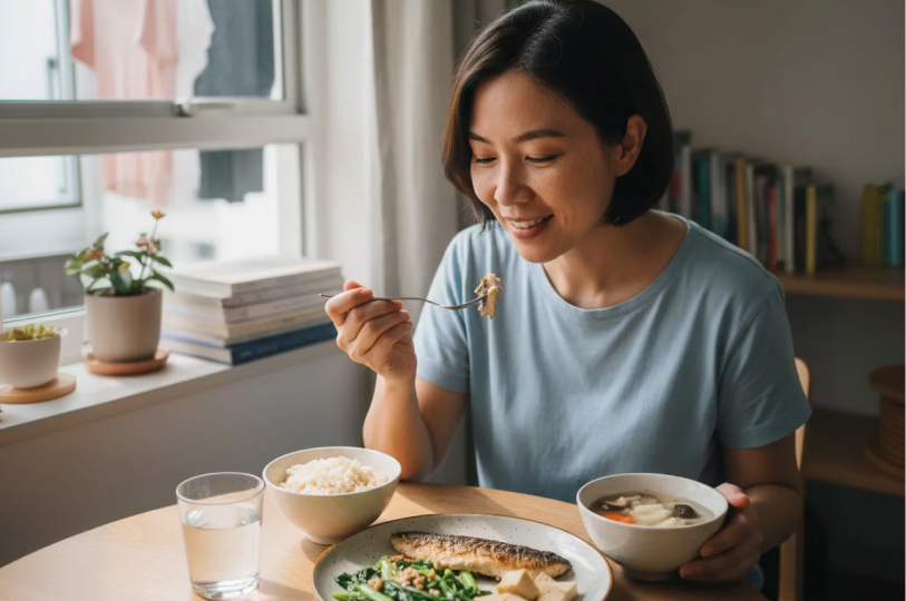 Images showing individuals engaging with nutritious foods, such as a woman eating a balanced meal of fish, greens, and rice, and a person preparing a table with kale, salmon, berries, and oats.