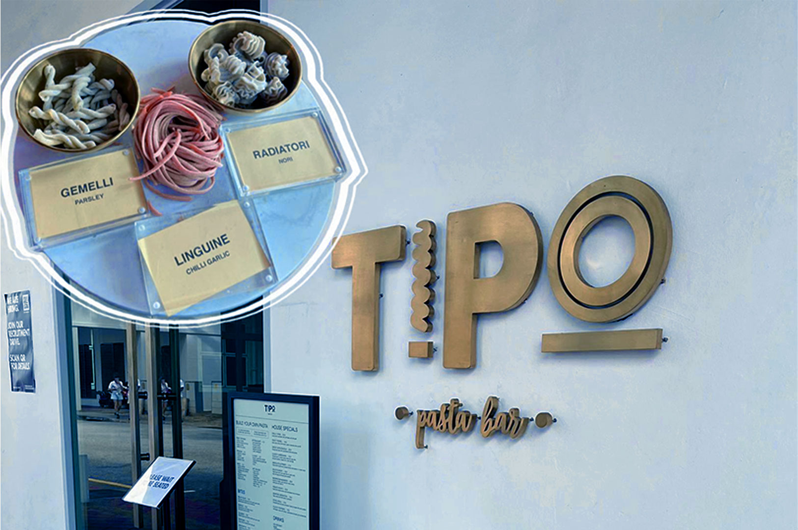 Wall-mounted "Tipo Pasta Bar" logo with a round inset showing three pasta types: Gemelli, Linguine, and Radiatori in small bowls, labeled with flavors.