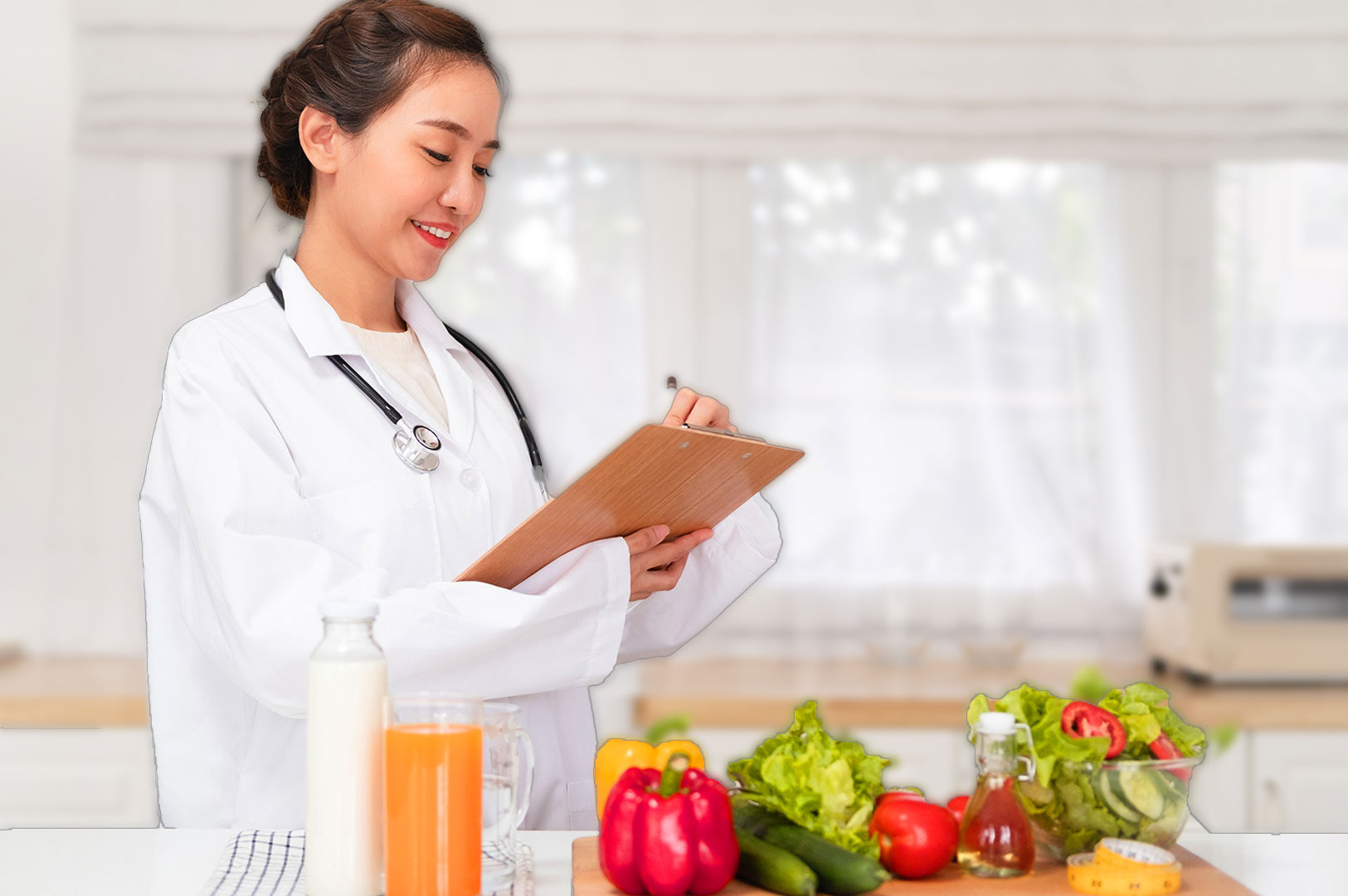 Doctor holding a clipboard with vegetables on a table