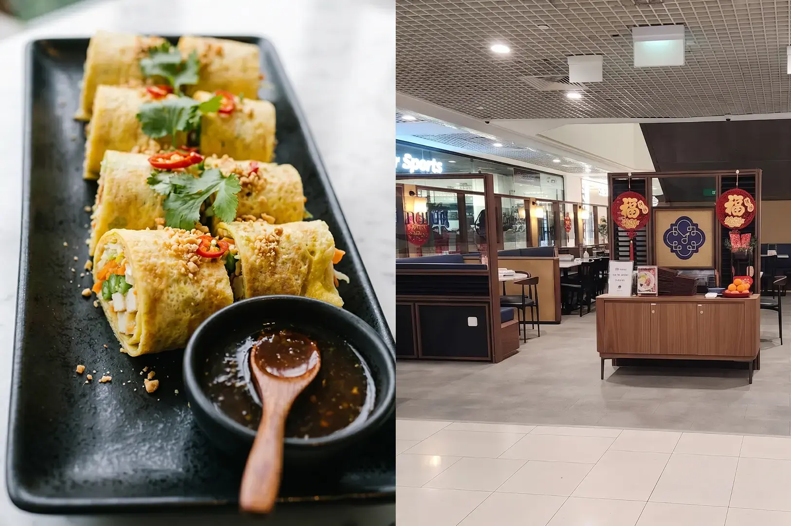 All Star Egg Skin Popiah fresh spring rolls with sweet sauce next to the modern storefront of Godmama restaurant at Parkway Parade.