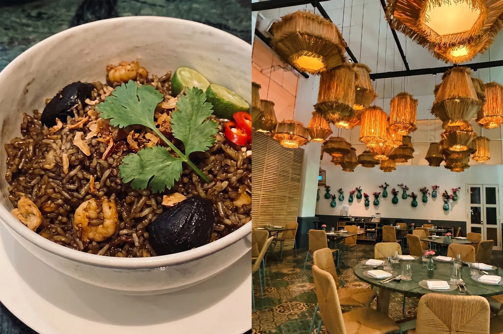 Buah keluak fried rice served in a bowl at Candlenut restaurant, paired with a view of the restaurant's interior featuring natural fiber pendant lights.