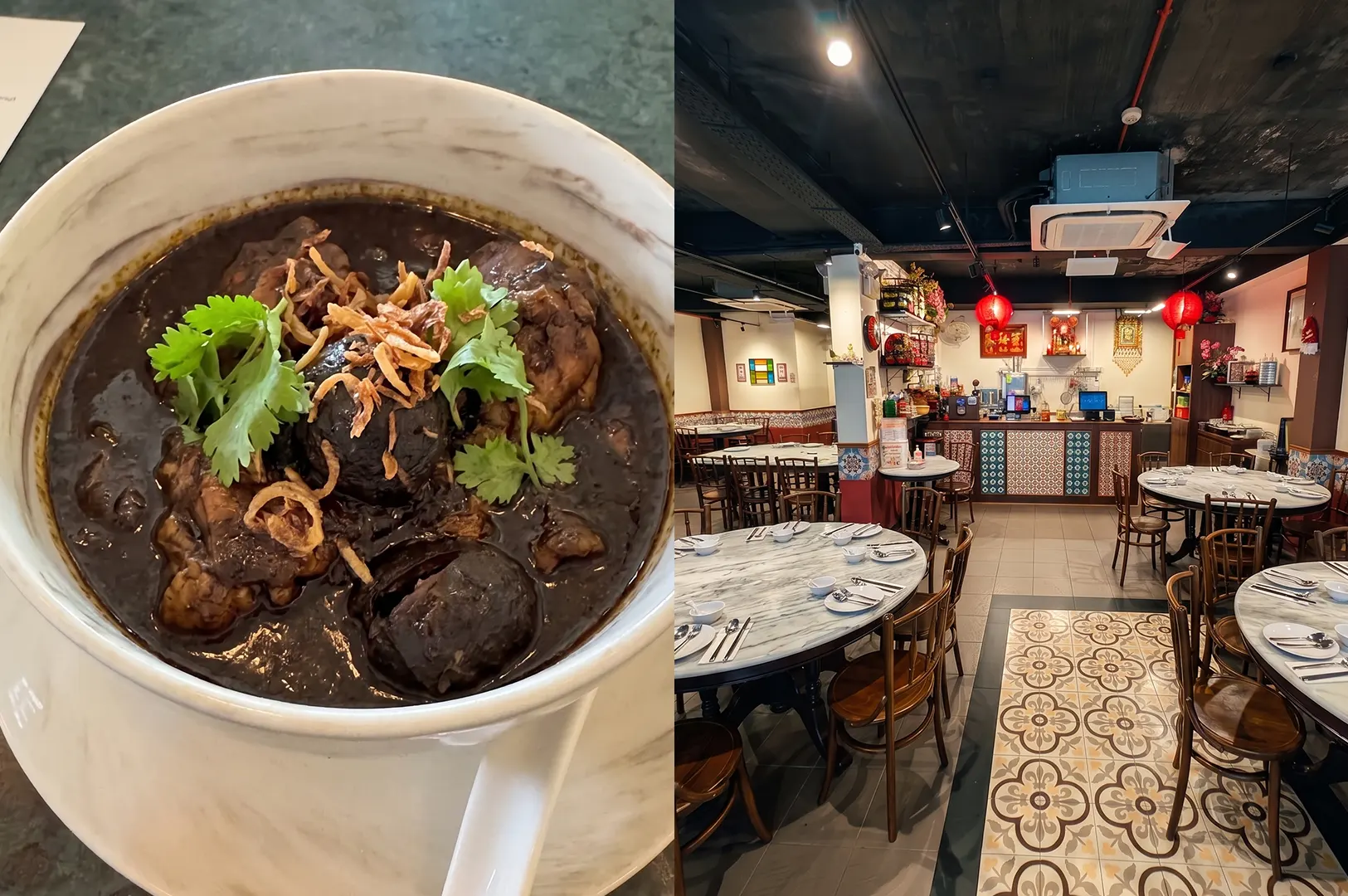 Ayam buah keluak served in a bowl at Guan Hoe Soon restaurant, paired with a view of the restaurant's traditional interior and round marble tables.