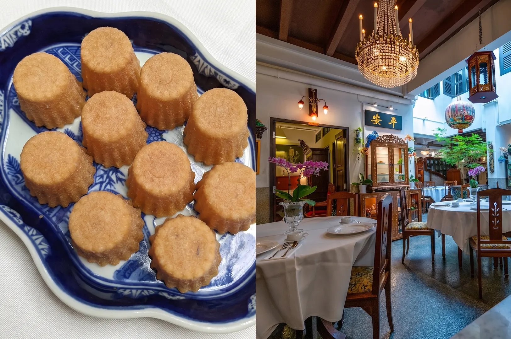 A plate of traditional kueh served at True Blue Cuisine, accompanied by a view of the restaurant's elegant, heritage-inspired interior.
