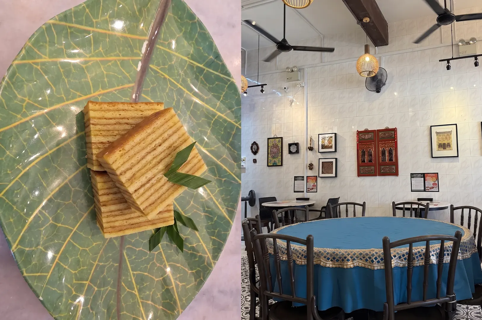 Kueh lapis served on a leaf-shaped plate at Bibik's Peranakan Kitchen, featuring a view of the restaurant's dining area with a round blue-clothed table.