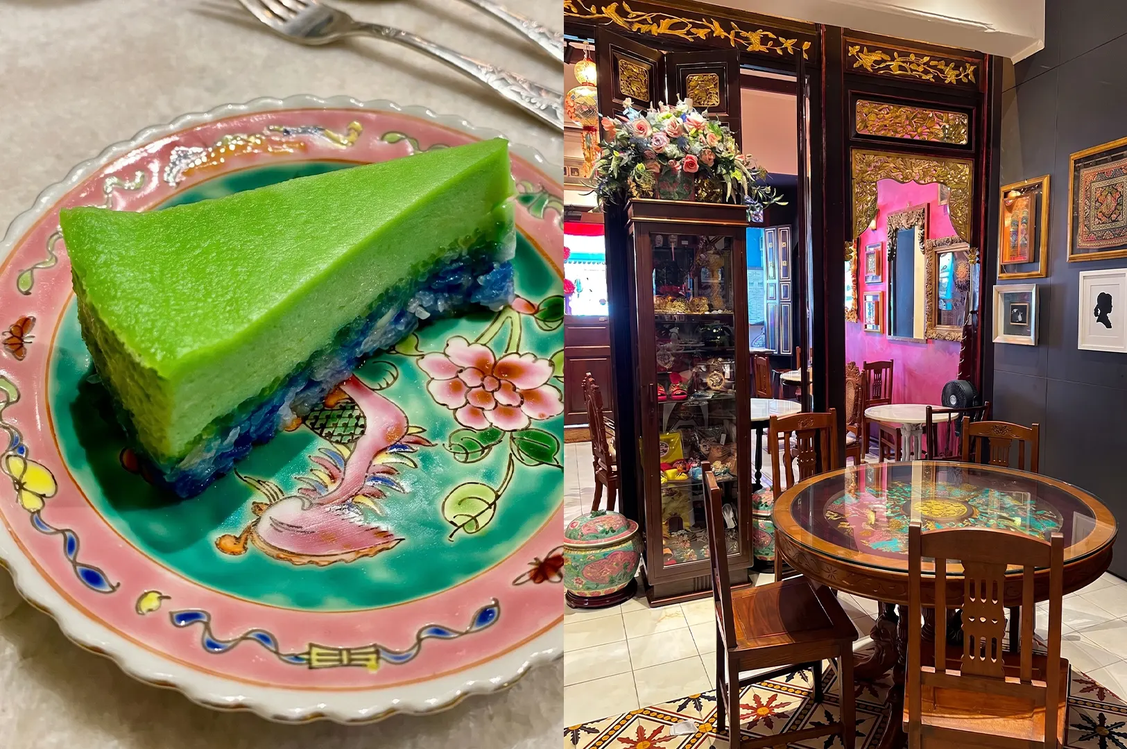 Two-panel split image: Left shows a slice of green and blue Kueh Salat on a vibrant floral Peranakan plate; right shows the ornate, antique-style interior of a Peranakan eatery.
