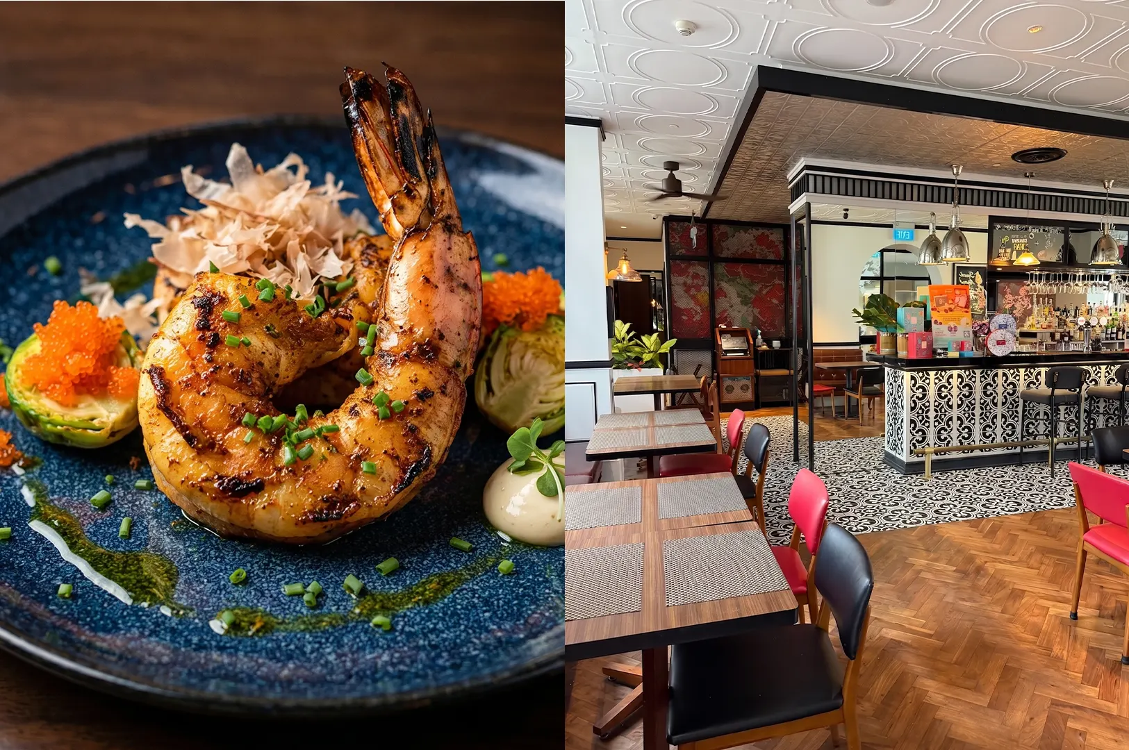 A gourmet grilled prawn dish served on a blue plate at Baba Chews, paired with a view of the restaurant's contemporary dining room and bar area.