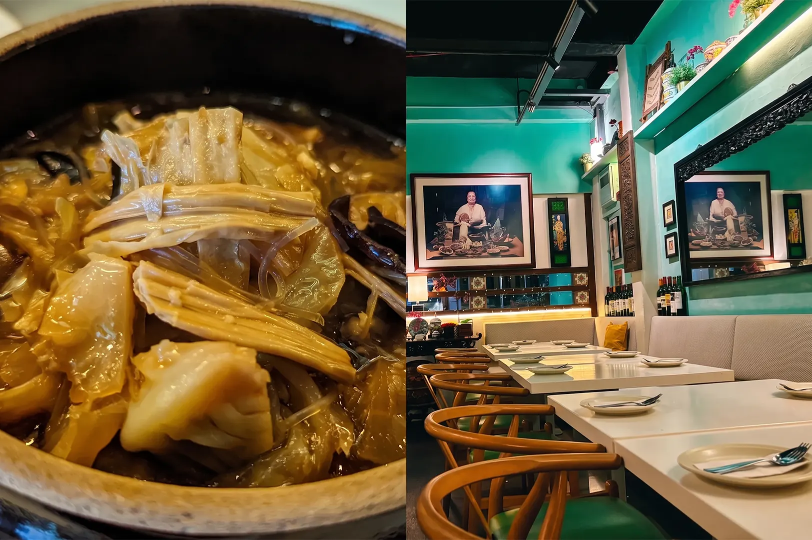 A traditional vegetable stew, Chap Chye, served in a claypot at House of Peranakan, shown alongside the restaurant’s teal-walled dining area.