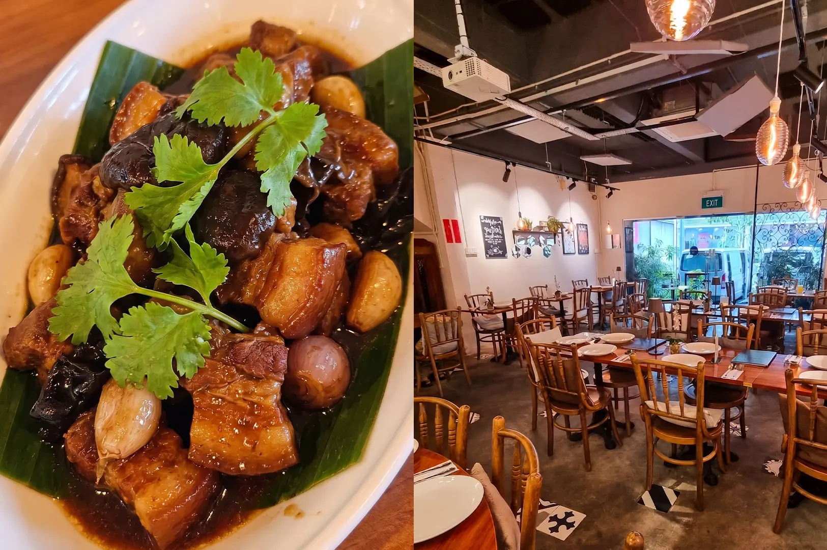 Two-panel split image: Left shows a close-up of braised pork belly with coriander garnish; right shows the warm, modern interior seating area of Fire Flies restaurant.