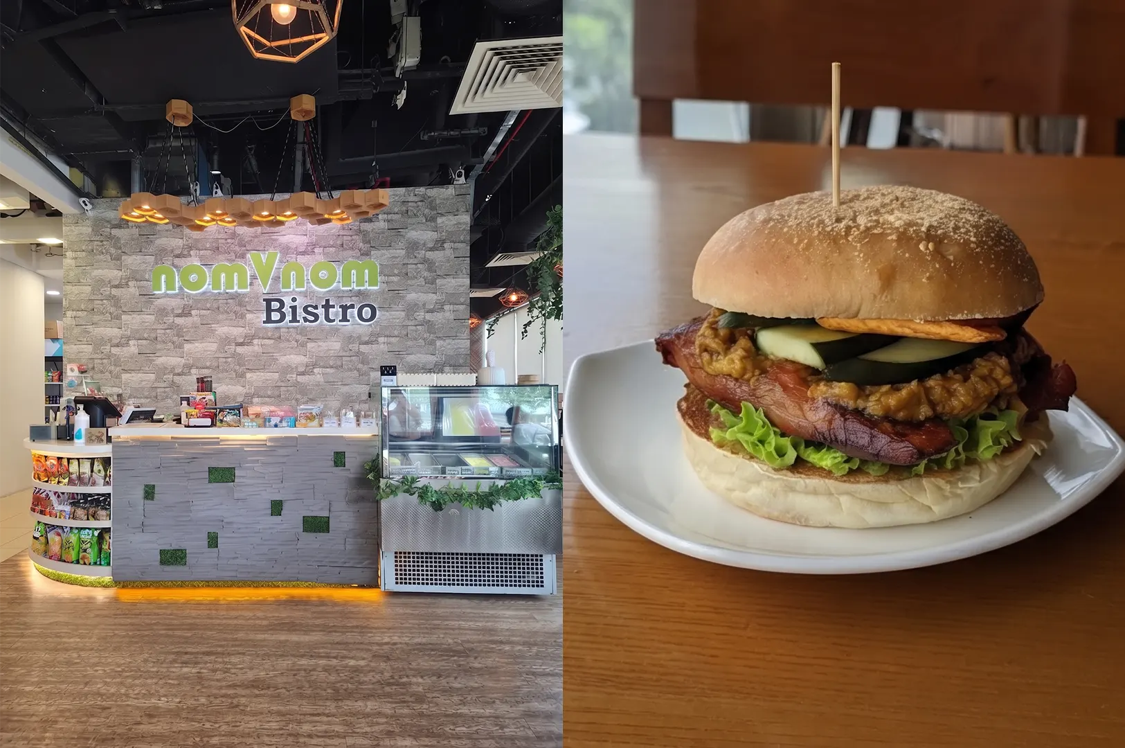 Plant-based rendang curry burger served on a plate at nomVnom Bistro in Singapore.