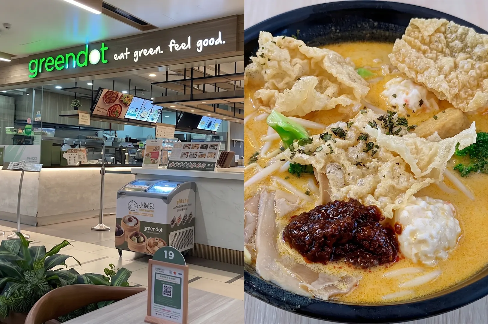 A split-screen image showing the Greendot restaurant storefront on the left and a bowl of their signature creamy, spicy vegetarian laksa on the right.