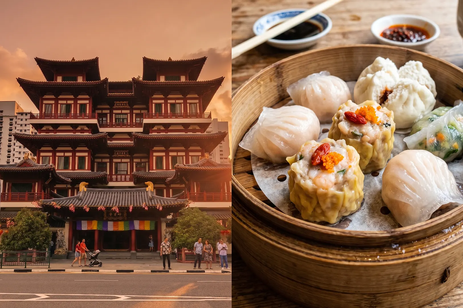 Two-panel split image: Left shows the architectural exterior of the Buddha Tooth Relic Temple in Chinatown; right shows a bamboo steamer basket filled with fresh siew mai and hargow dim sum.