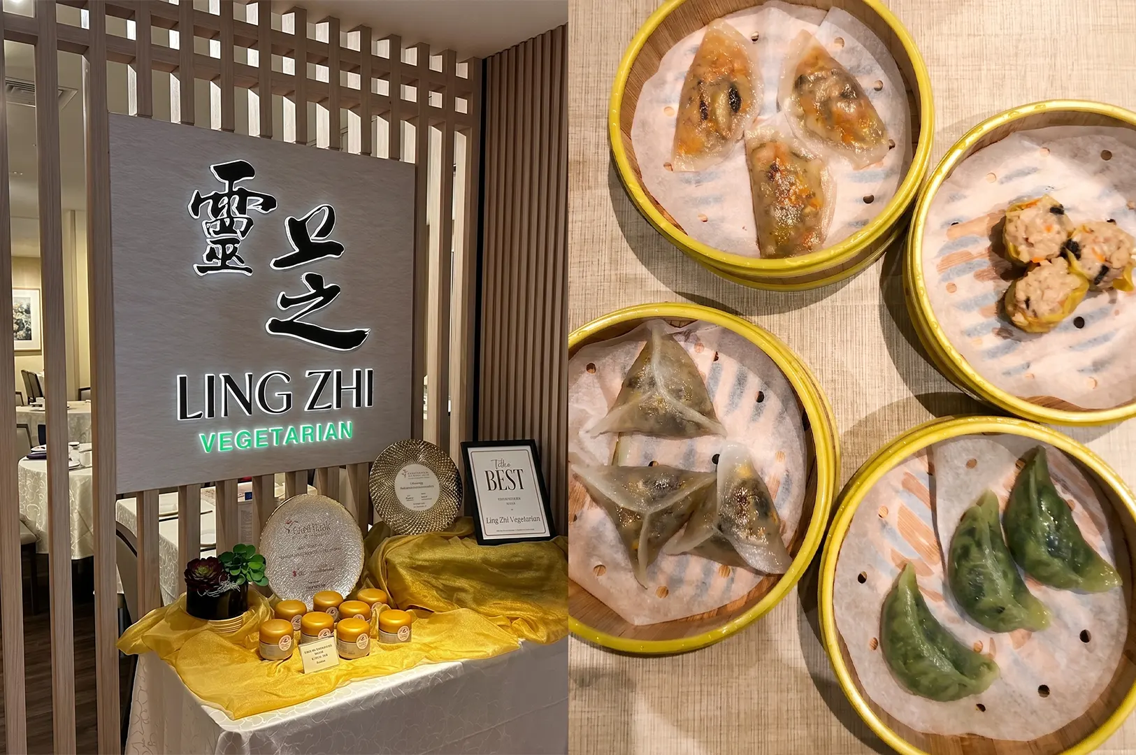 A split-screen image showing the restaurant entrance of Ling Zhi Vegetarian, featuring their logo and awards, alongside various bamboo steamers filled with assorted vegetarian dim sum.