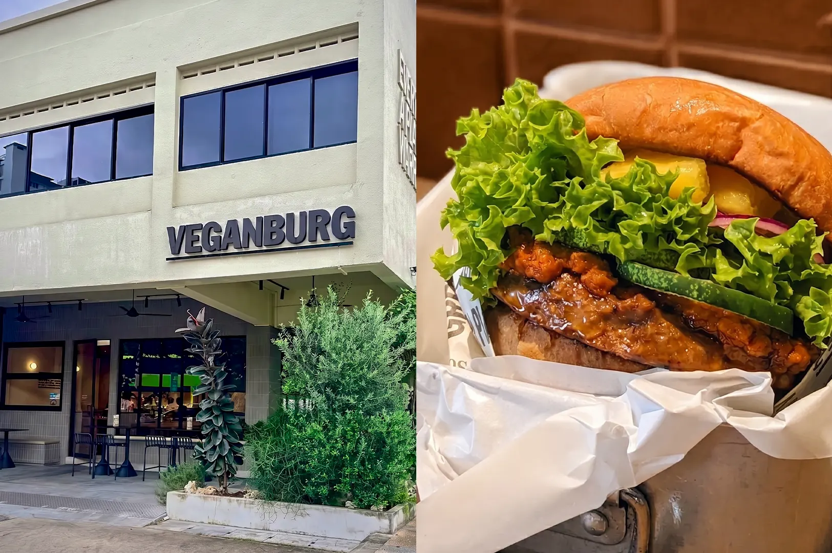 A split-screen image displaying the exterior of a VeganBurg restaurant on the left and a close-up of a gourmet plant-based burger with fresh lettuce and vegetables on the right.