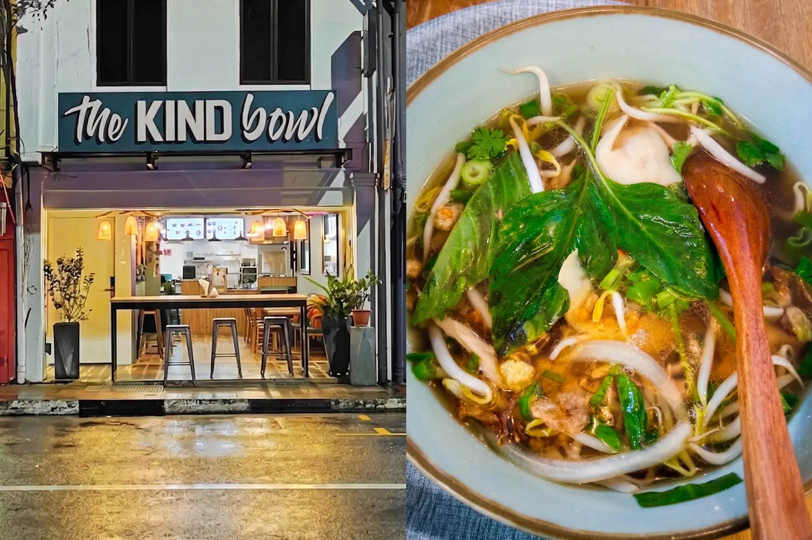 Two-panel split image: Left shows the cozy, illuminated storefront of The Kind Bowl café at dusk; right shows a fresh bowl of plant-based Vietnamese pho noodle soup topped with fresh herbs and bean sprouts.