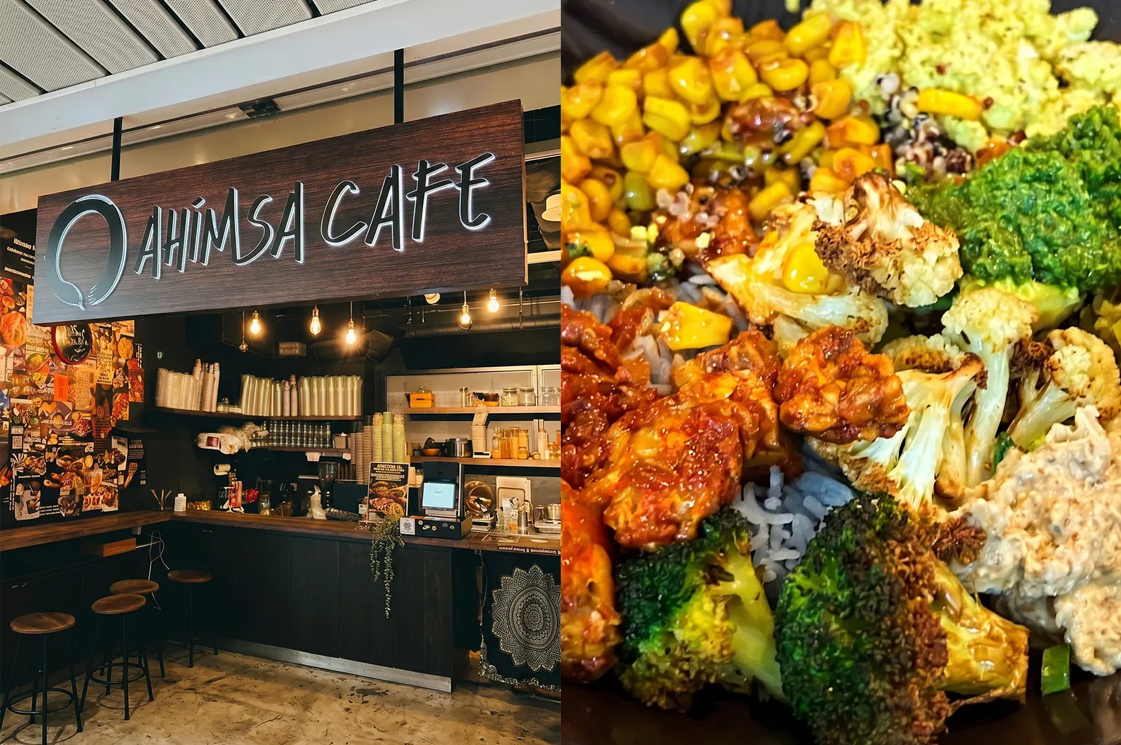 A split-screen image showing the interior and storefront of Ahimsa Cafe on the left, and a colorful, healthy plant-based Buddha bowl featuring roasted vegetables and grains on the right.