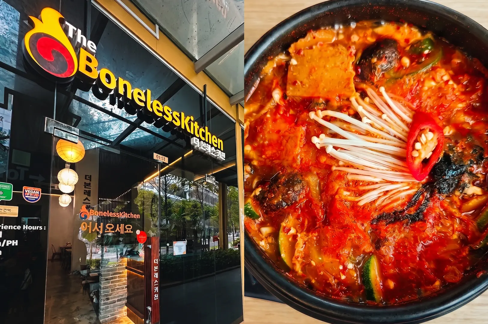 Two-panel split image: Left shows the storefront glass exterior of The Boneless Kitchen restaurant; right shows a bubbling close-up of a spicy Korean vegetarian hotpot with enoki mushrooms.