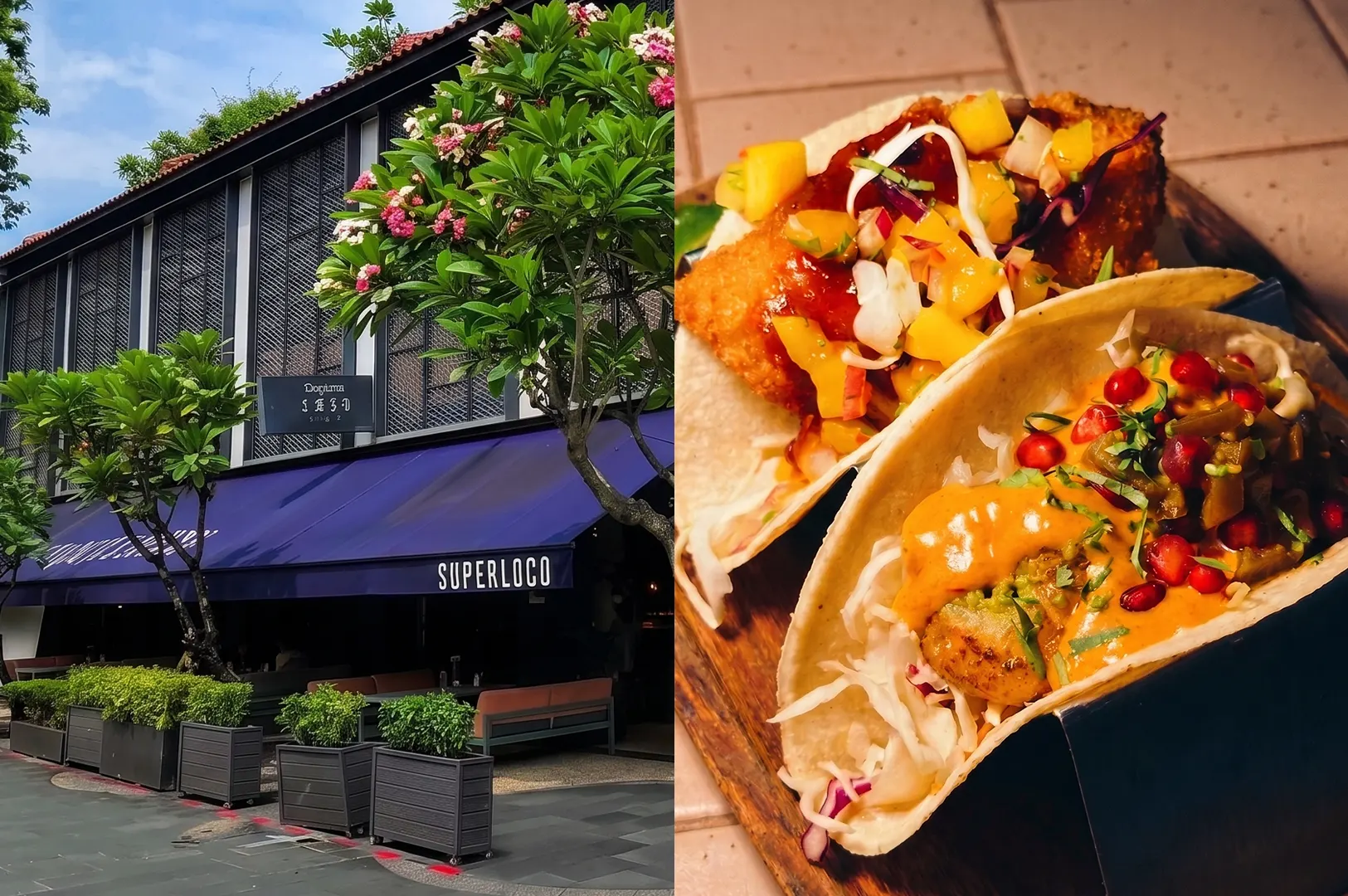 A split-screen image showing the exterior of the Super Loco restaurant on the left and a close-up of two gourmet tacos with fresh toppings on the right.