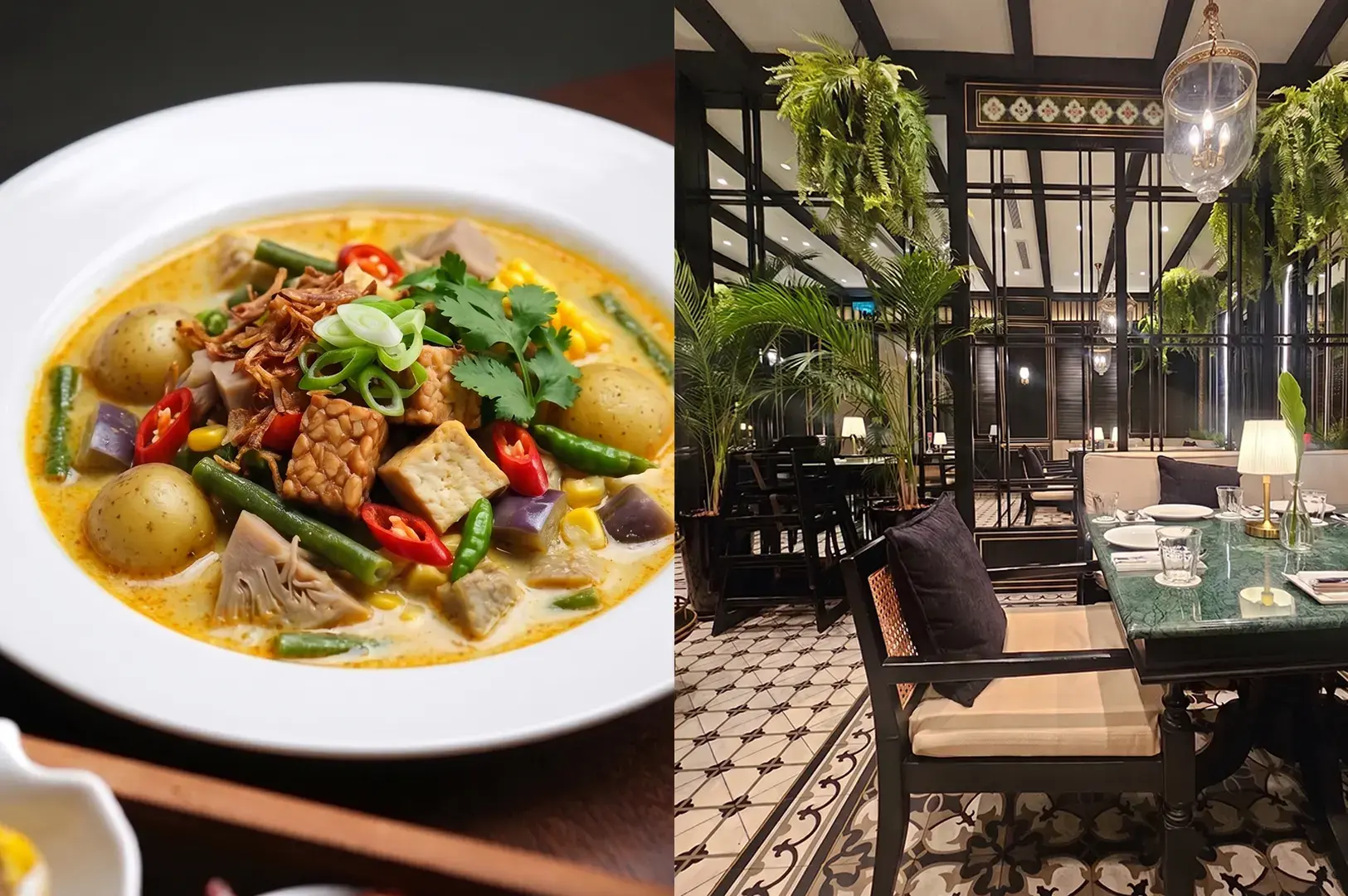 Sayur Lodeh vegetable curry dish next to the upscale dining room interior of Violet Oon Singapore restaurant.