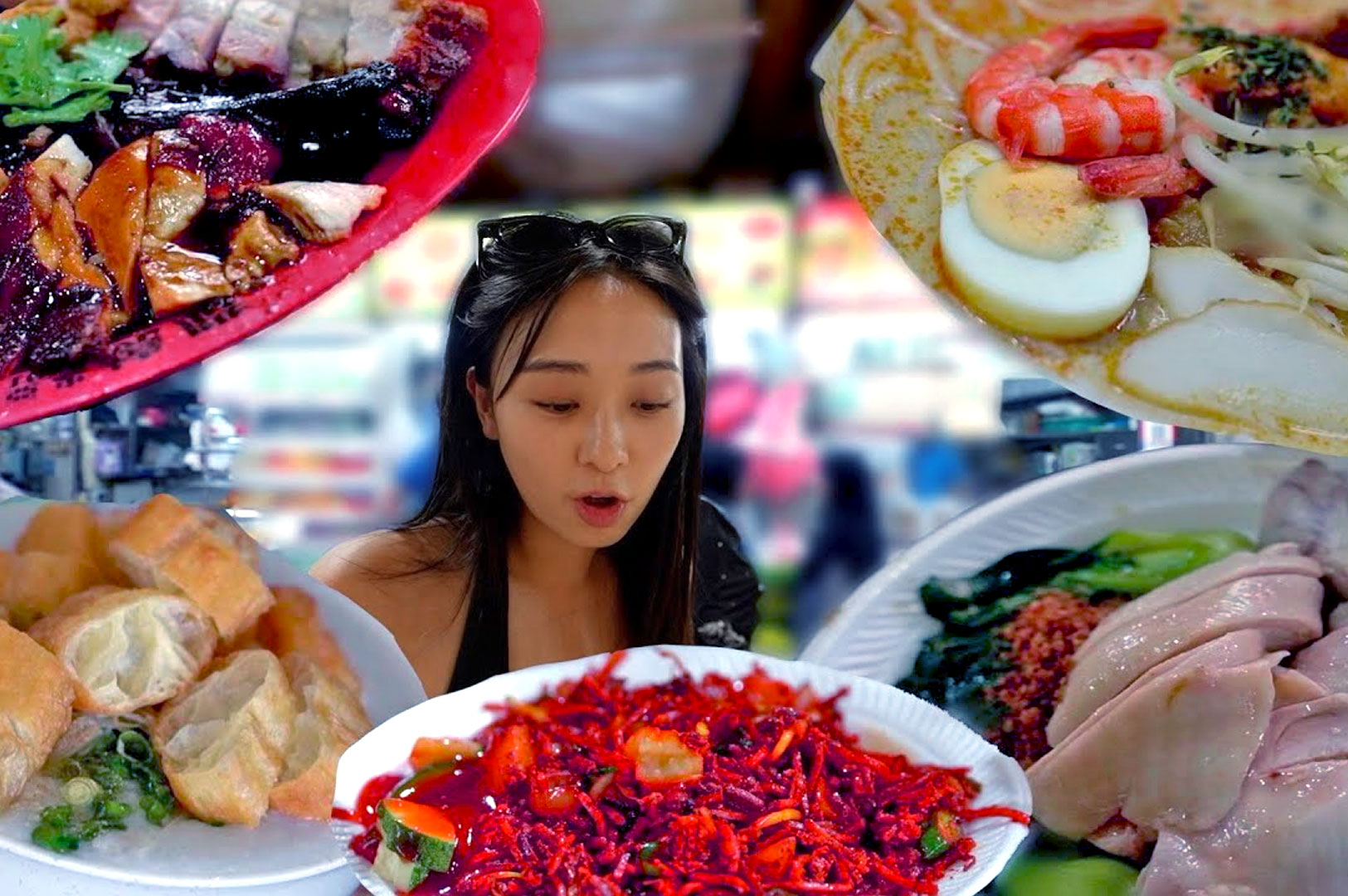 A woman looks surprised, surrounded by plates of vibrant food: roasted meats, noodle soup, sliced rolls, red salad, and poached chicken. The tone is lively.