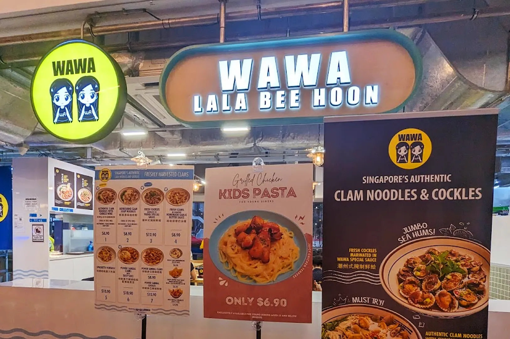 Restaurant "Wawa Lala Bee Hoon" with a lit sign and vibrant banners. Features grilled chicken kids pasta and clam noodles with cockles. Energetic and inviting.