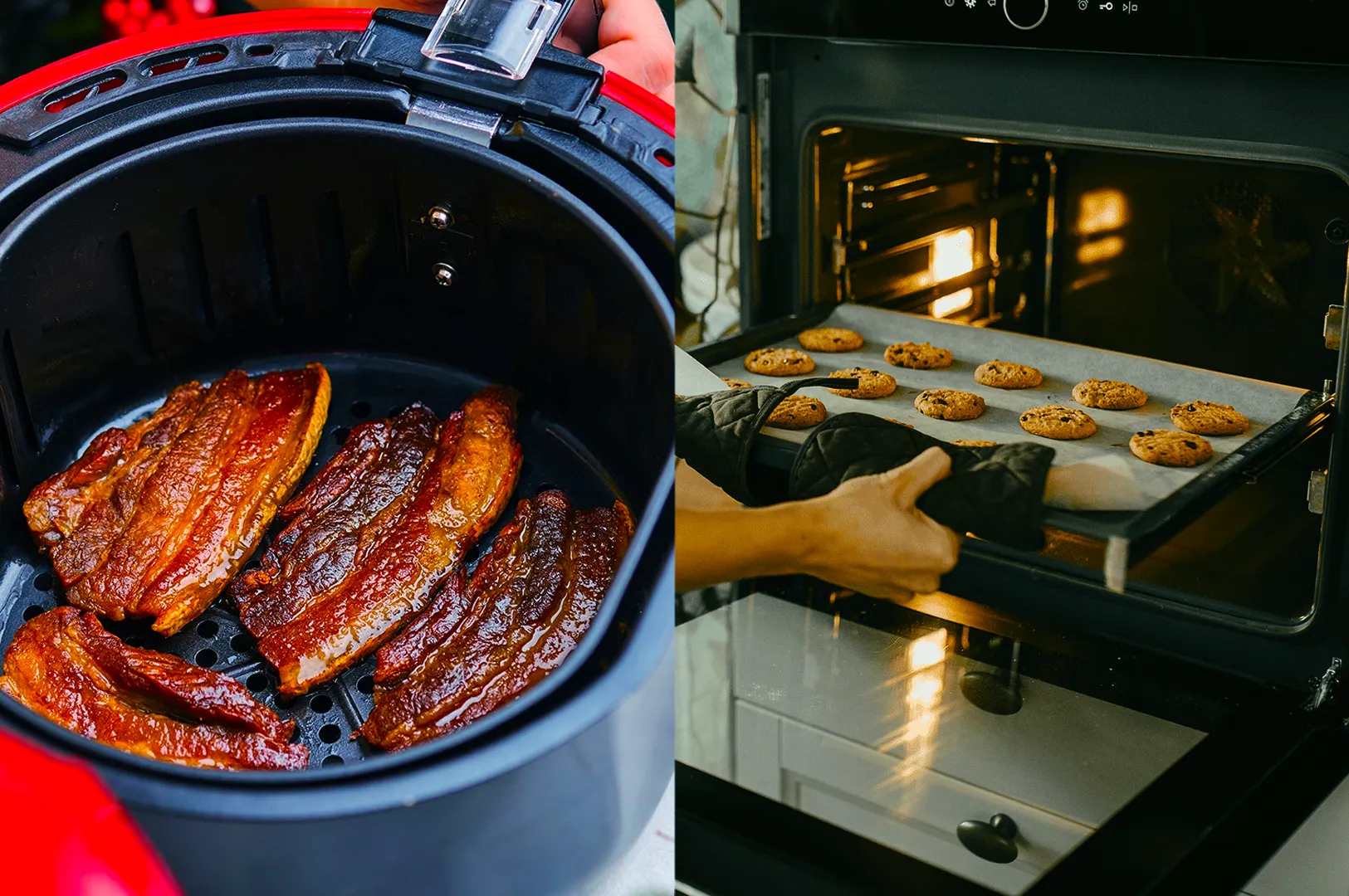 On the left, sizzling bacon strips in a red air fryer. On the right, a hand pulls a tray of freshly baked cookies from an oven, creating a cozy, delicious scene.
