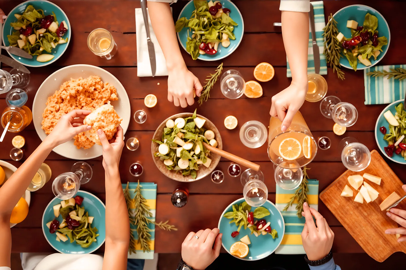 Aerial view of a dining table with hands serving salad, rice pilaf, and drinks. Plates of greens and cheese, surrounded by lemon slices, create a vibrant, lively ambiance.