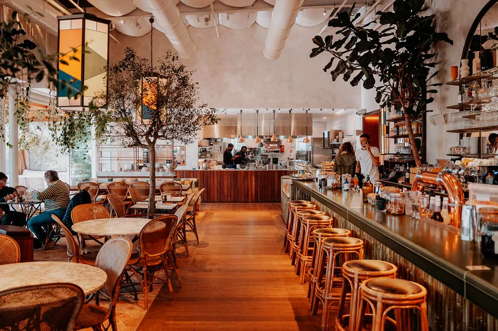 Vegetarian restaurant - Cozy café with wooden floors, rattan chairs, and tables. A long bar with stools on the left, kitchen in the background. People chatting, relaxed atmosphere.
