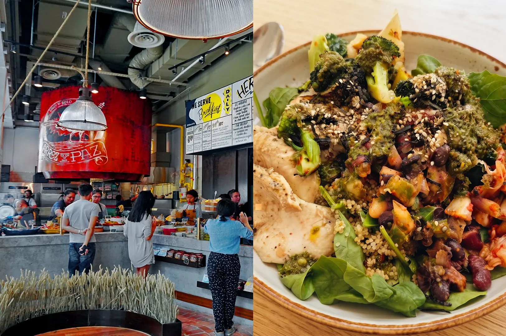 A split-view image showing the busy service counter at Grain Traders on the left and a nutritious, vegetable-packed chicken grain bowl on the right.