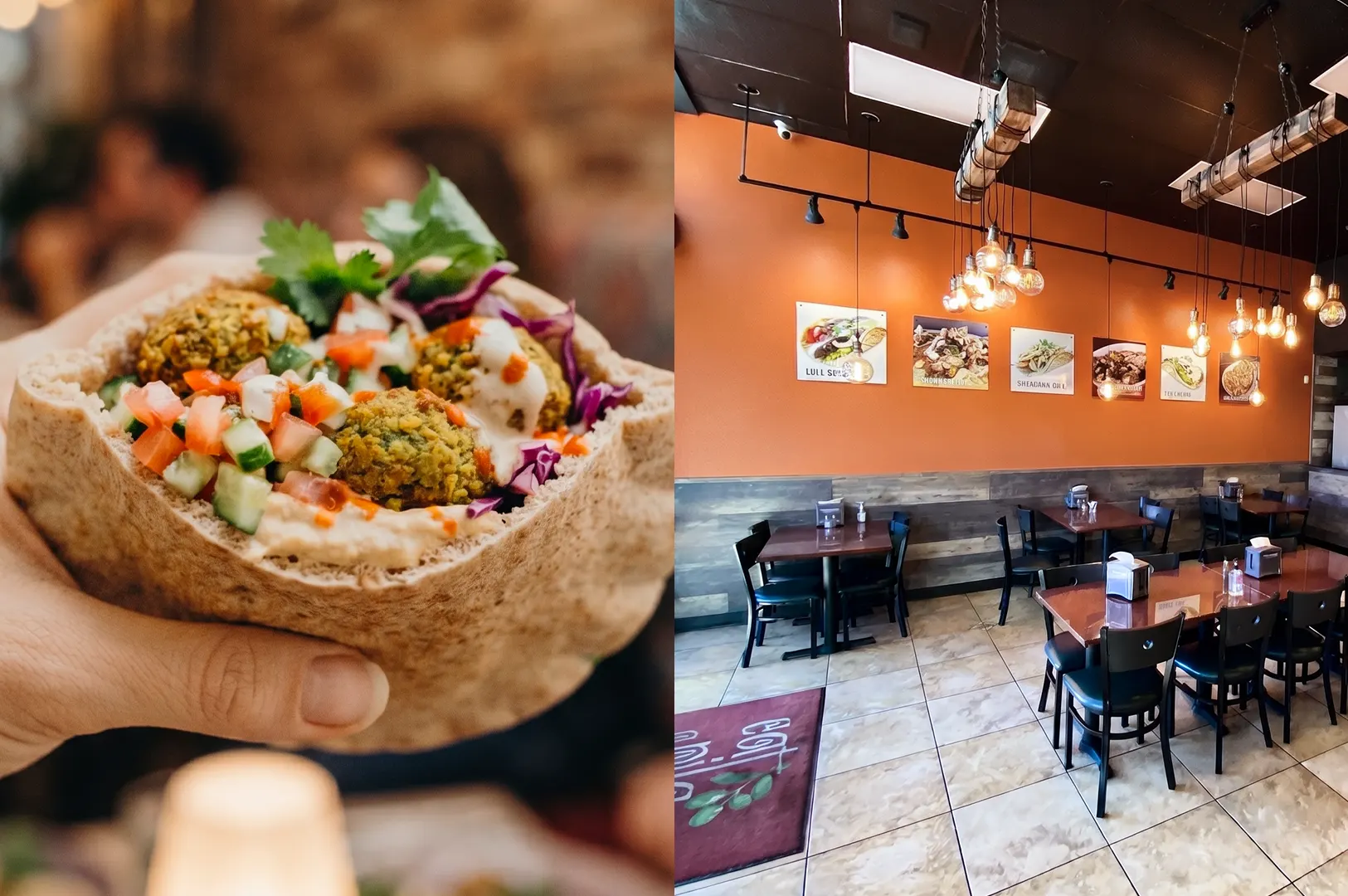 A split-view image showing a fresh falafel pita sandwich from Eat-a-Pita held in hand on the left, and the warm, inviting dining area of the restaurant on the right.
