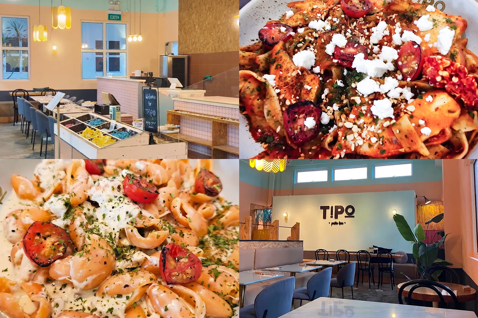Four-panel collage of Tipo pasta restaurant featuring artisanal pasta dishes with prawns, tomatoes, and cheese alongside views of the modern dining interior and counter.