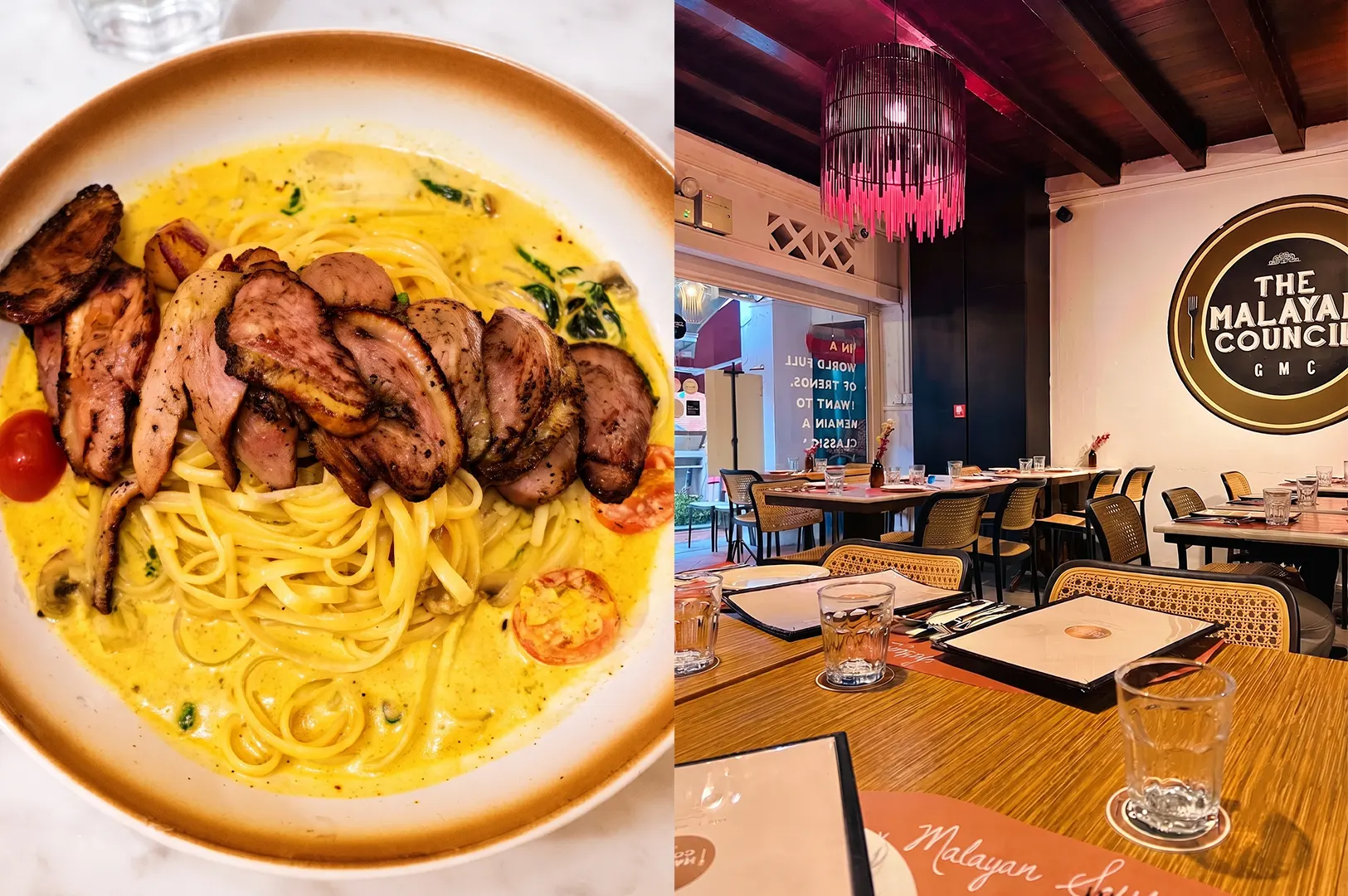 Split image showcasing a plate of creamy gourmet pasta topped with sliced seared duck breast next to an intimate restaurant dining room with cozy ambient lighting.