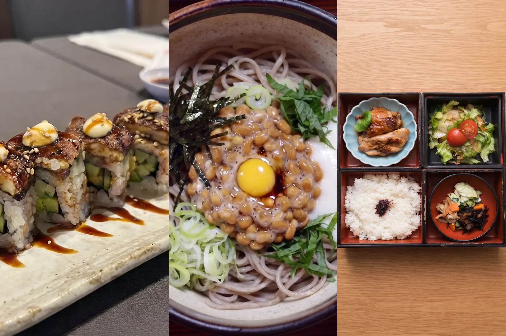 Vegetarian Japanese food featuring tofu-based unagi maki sushi, cold natto soba noodles, and assorted bento sets.