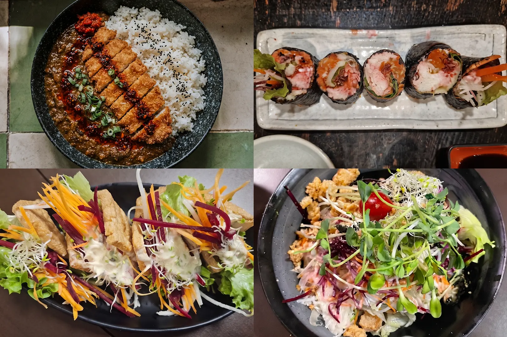 Overhead view of a delicious vegetarian spread featuring a curry rice set with spicy sauce, sushi roll with juicy vegetables, taupok salad, and passion fruit salad served under natural sunlight.