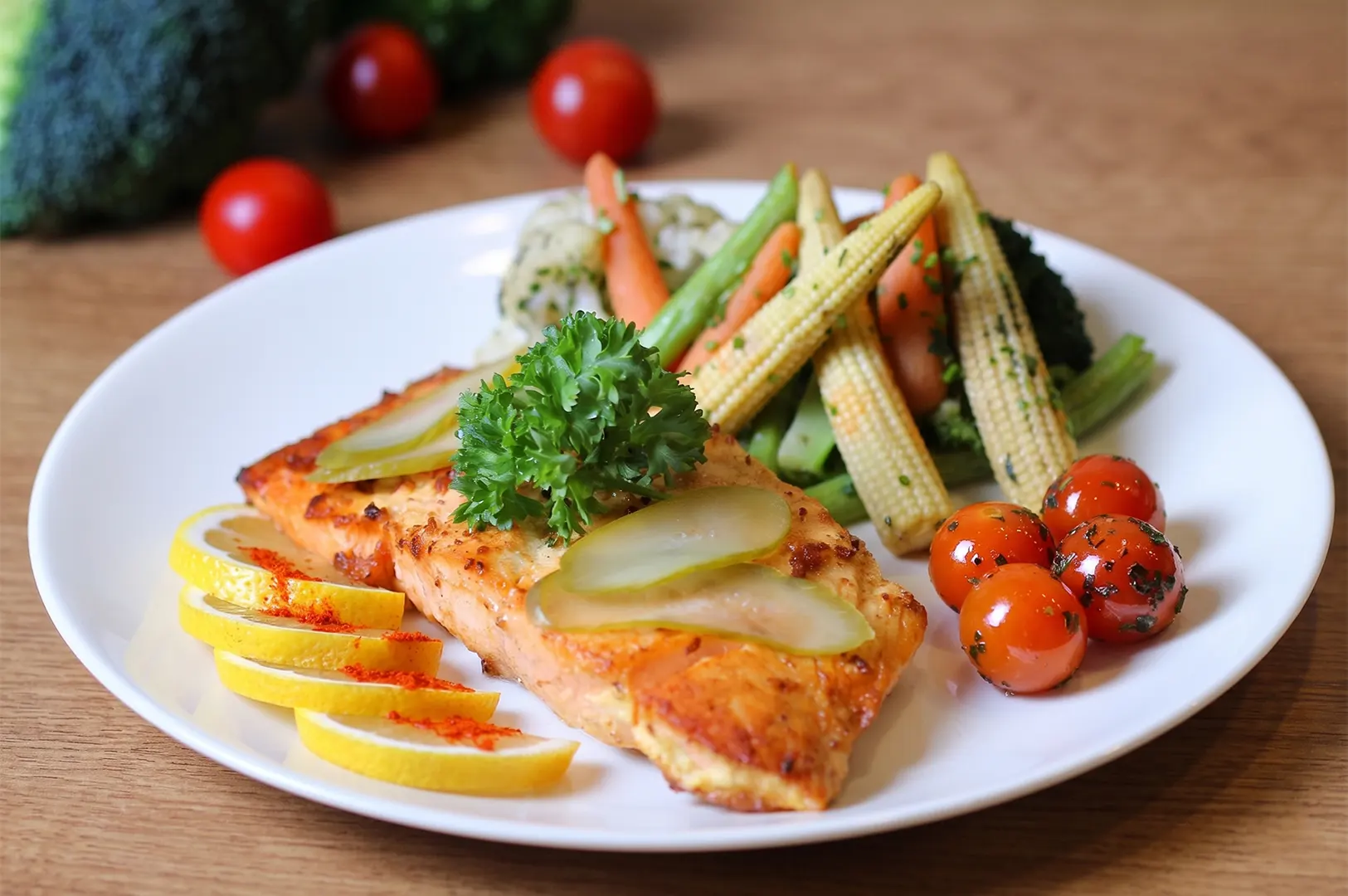 Grilled salmon fillet served with lemon slices, baby corn, carrots, and cherry tomatoes on a white plate.
