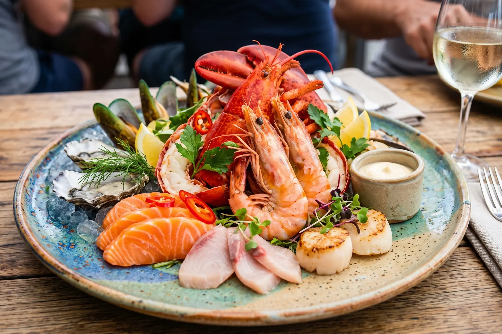 A gourmet seafood platter with lobster, king prawns, salmon sashimi, seared scallops, and oysters served on a ceramic plate.