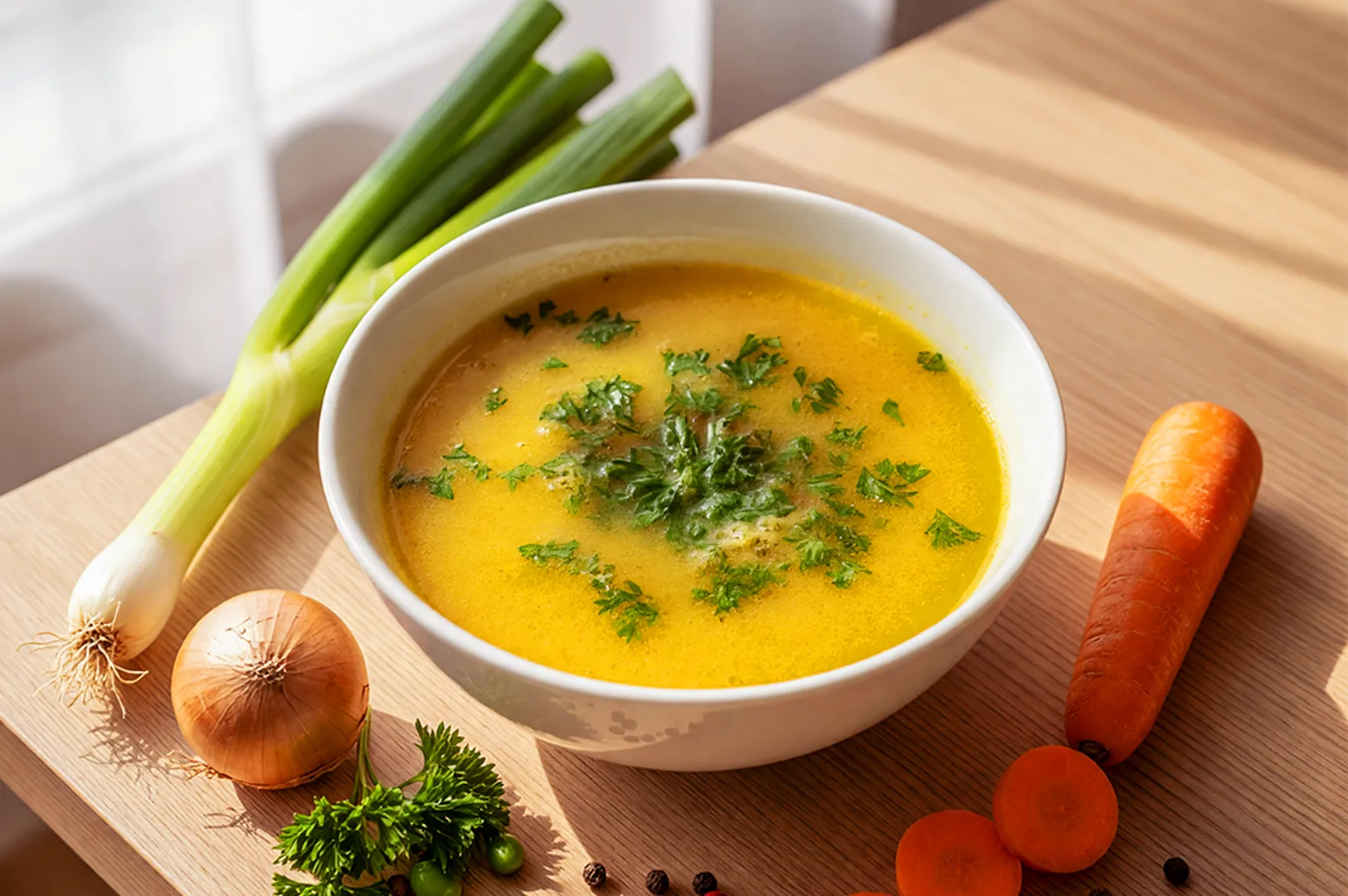 A bowl of vibrant carrot soup garnished with parsley sits on a wooden table, surrounded by fresh carrots, onion, green onions, and peppercorns in warm sunlight.