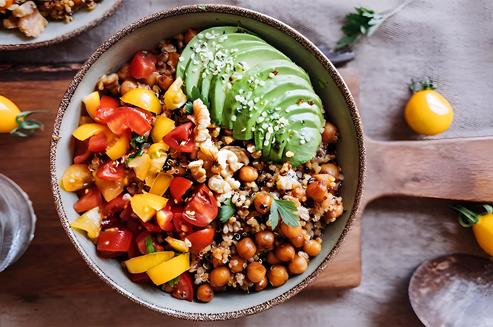 A colorful bowl with sliced avocado, chickpeas, quinoa, and diced red and yellow tomatoes topped with seeds, conveying freshness and healthiness.