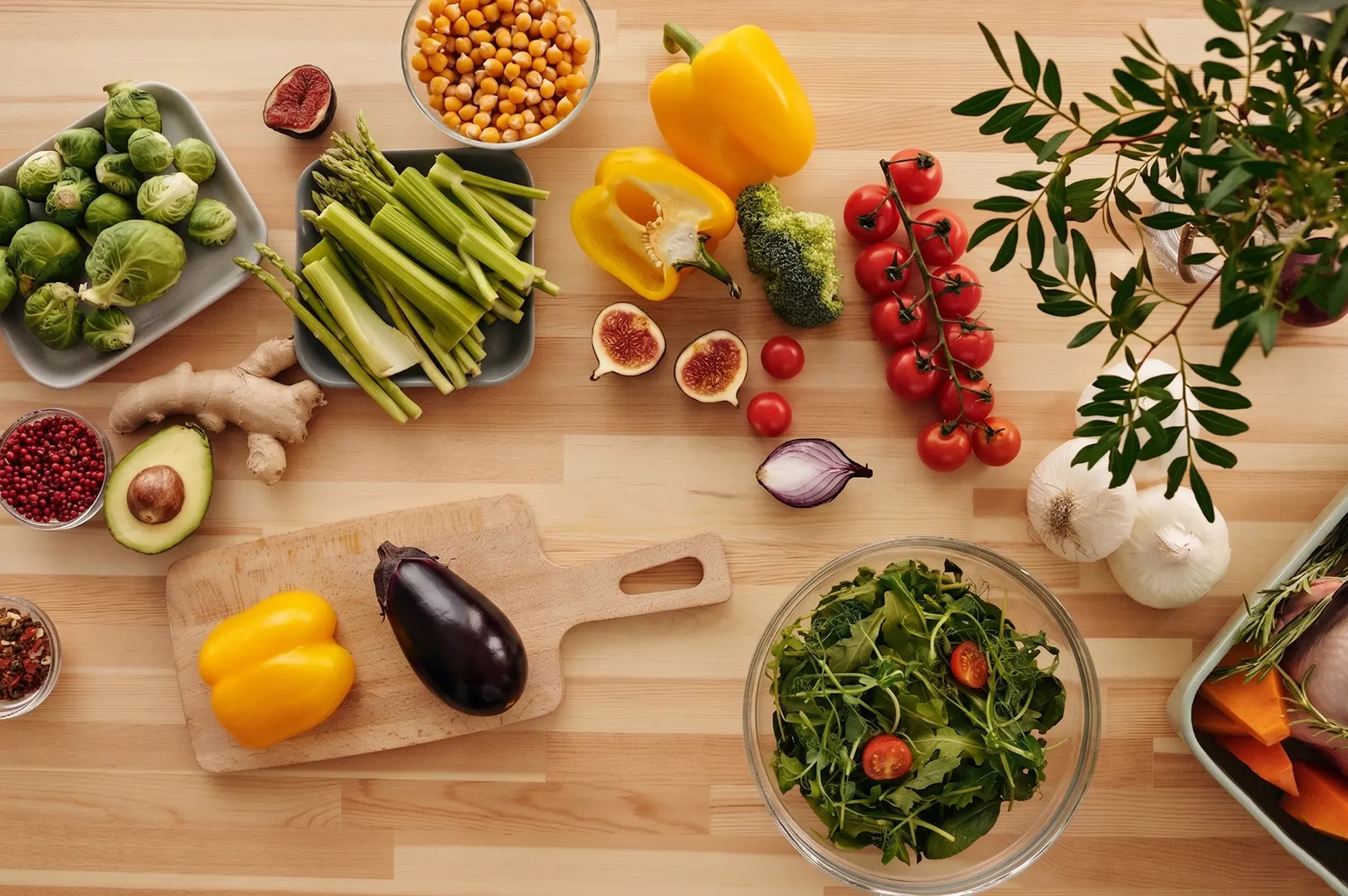 An overhead shot of fresh organic vegetables and fruits arranged on a wooden table, featuring bell peppers, cherry tomatoes, avocado, broccoli, and leafy greens for healthy meal preparation.
