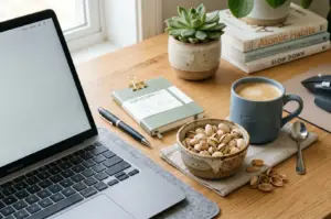 An aesthetic, wooden workspace featuring an open MacBook Air laptop, a blue mug of coffee, a small bowl of pistachios, and a Leuchtturm1917 notebook.