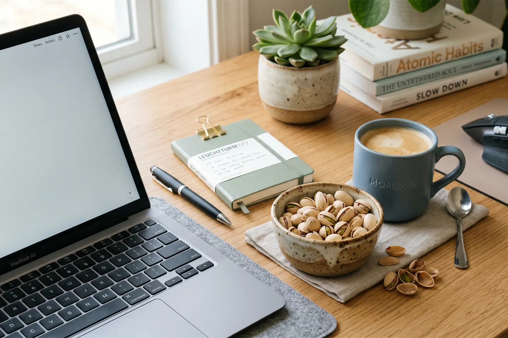 An aesthetic, wooden workspace featuring an open MacBook Air laptop, a blue mug of coffee, a small bowl of pistachios, and a Leuchtturm1917 notebook.
