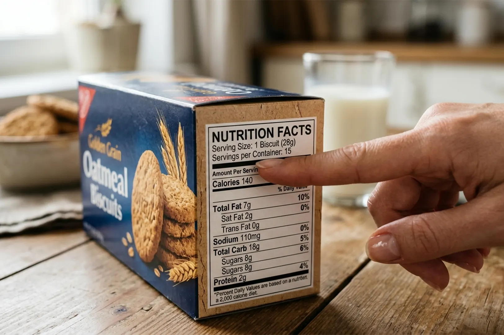 A hand pointing at the 140 calories per serving on the nutrition facts label of a box of Golden Grain Oatmeal Biscuits.