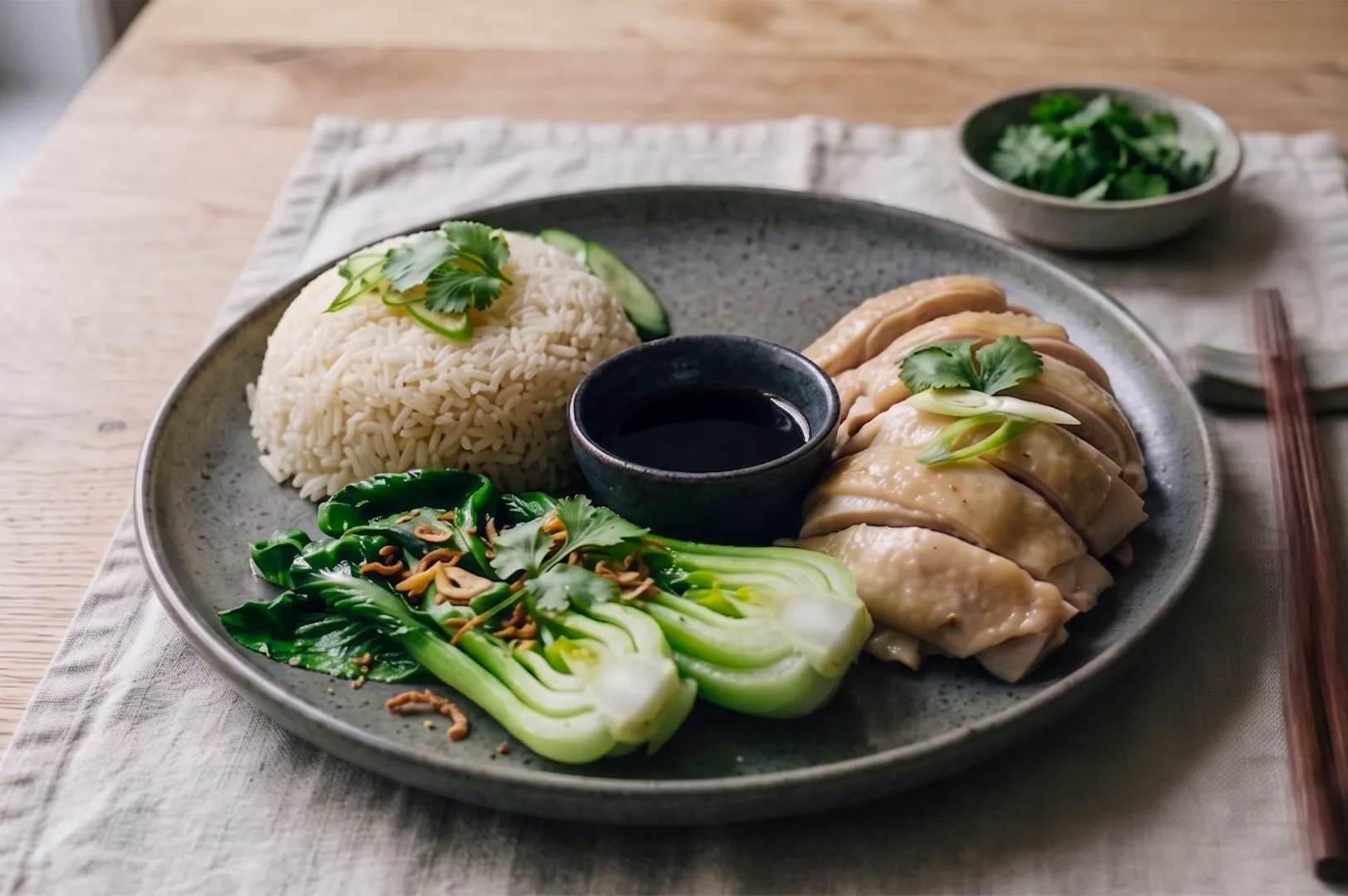 Hainanese chicken rice platter featuring sliced poached chicken, seasoned ginger rice, steamed bok choy with fried shallots, and a side of dark soy dipping sauce.