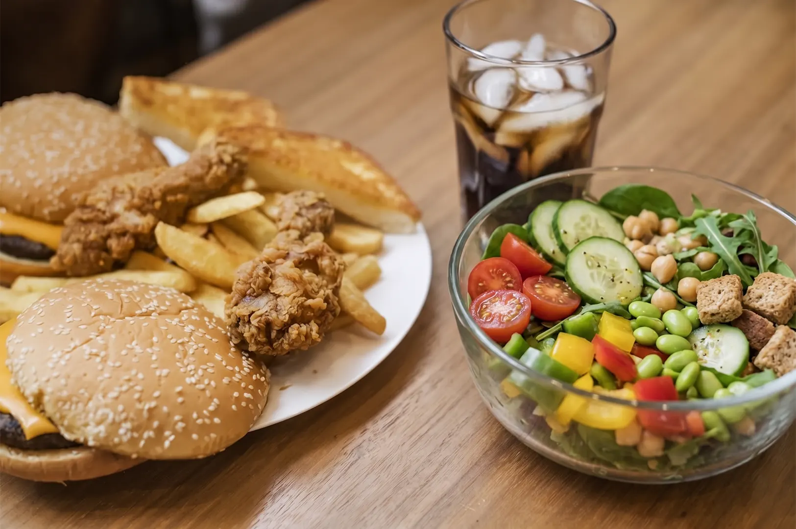 A comparison of fast food and healthy meal options on a wooden table, featuring cheeseburgers, fried chicken, and french fries next to a fresh garden salad and an iced soda.