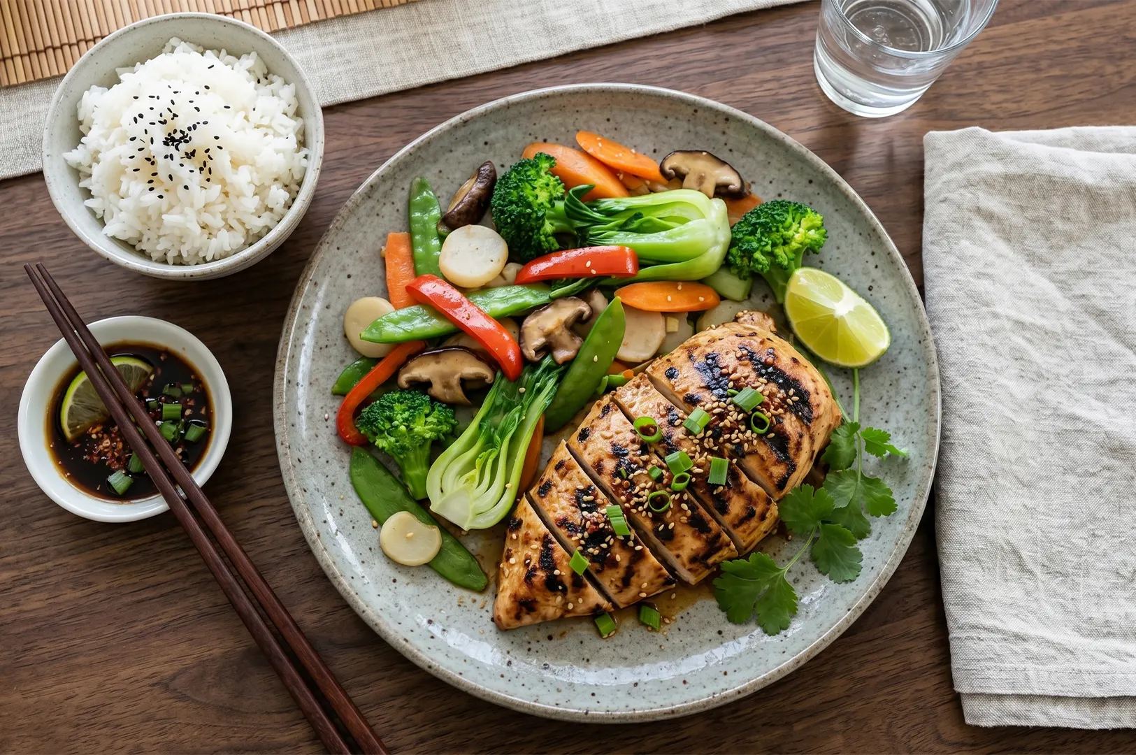 Grilled teriyaki chicken breast sliced on a plate with stir-fried vegetables, served with a side of white rice and dipping sauce.