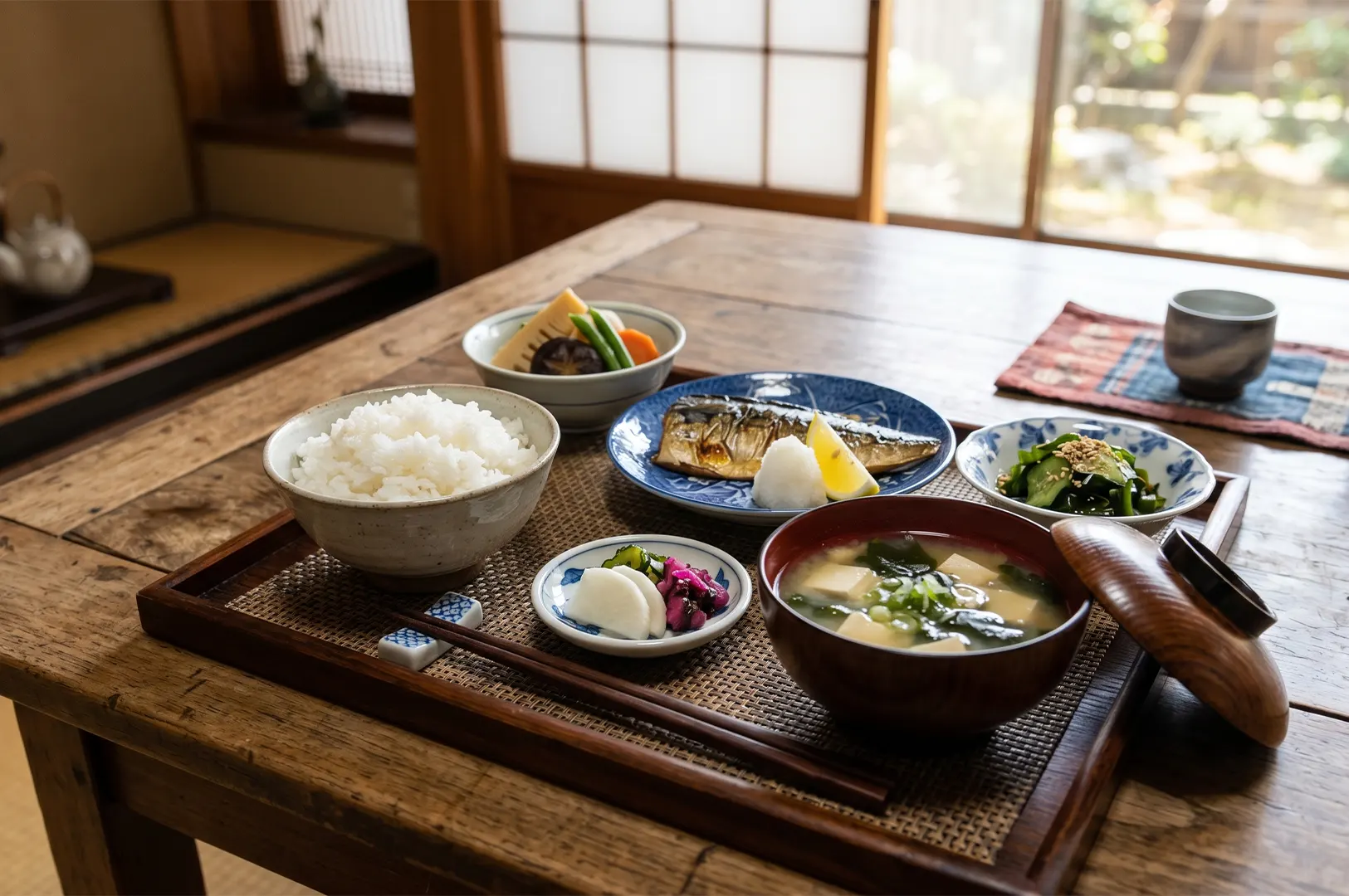 Traditional Japanese breakfast set with grilled mackerel, white rice, miso soup, and pickles on a wooden table.